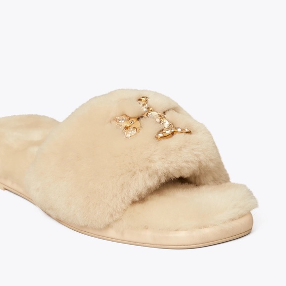 Tory Burch Jeweled Shearling slide buttermilk NEW - Picture 3 of 11